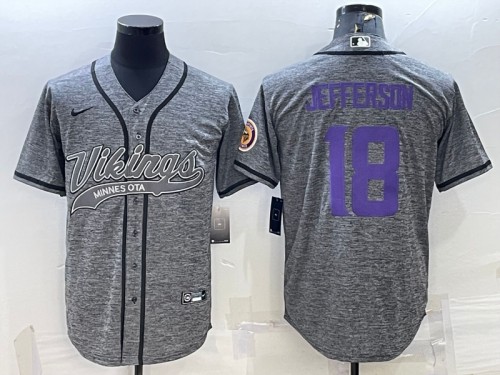 Men's Minnesota Vikings #18 Justin Jefferson Gray With Patch Cool Base Stitched Baseball Jersey